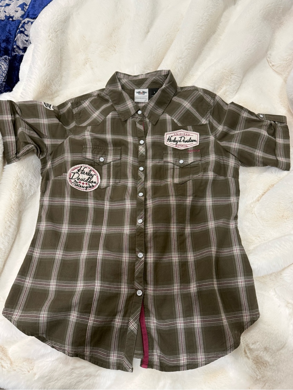 Harley-Davidson Olive and Pink Plaid women’s Button-Up Shirt
